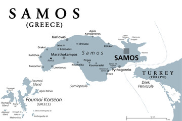 Samos, Greek island, gray political map. Island in eastern Aegean Sea, and separated of western Turkey coast by the Mycale Strait. Rich city-state in ancient times and the birthplace of Pythagoras. - obrazy, fototapety, plakaty