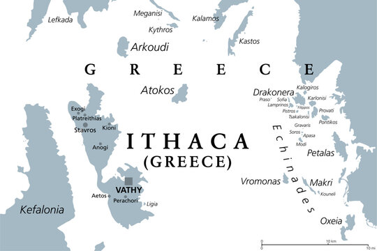 Ithaca, island and regional unit in Greece, gray political map. Part of the Ionian Islands. Ithaca, Arkoudi, Atokos, and the Echinades islands Drakonera, Vromonas, Makri, Oxeia, Kalogiros and Kouneli.
