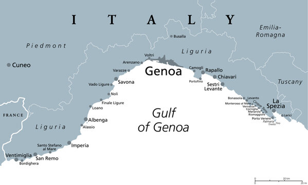 Liguria and the Italian Riviera, the Ligurian Riviera, gray political map. A region of north-western Italy, with capital Genoa. Coastal strip between Ventimiglia and La Spezia, on the Gulf of Genua.