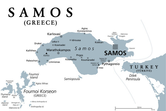 Samos, Greek island, gray political map. Island in eastern Aegean Sea, and separated of western Turkey coast by the Mycale Strait. Rich city-state in ancient times and the birthplace of Pythagoras.