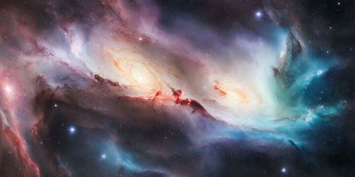 Panoramic 8k outer space background texture. Colorful celestial astronomy or astrology backdrop. Spiral galaxy, stars, gas clouds, dust and nebula night sky high resolution wallpaper. Generative AI.
