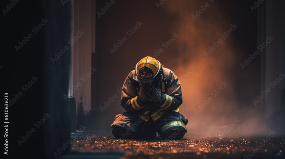 Poster a firefighter kneeling on the ground in front of a fire. generative ai image.