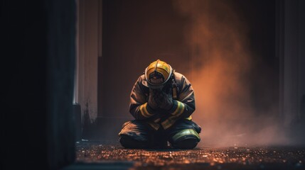 A firefighter kneeling on the ground in front of a fire. Generative AI image.