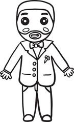 Doodle groom vector outline illustration. Hand drawn vector doodle illustration of fiance with a beard in tuxedo suit. Design for a wedding cards, invitations, backgrounds, etc.