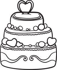Wedding doodle cake outline. Hand drawn cute decorative festive three tiered cake vector illustration in minimalistic style. Design for a bakery icon, logo, wedding invitation, greeting cards.