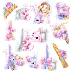 A set of illustrations in a watercolor style: travel to France. Landmarks in romantic floral spring style. French breakfast, photos, magnolias