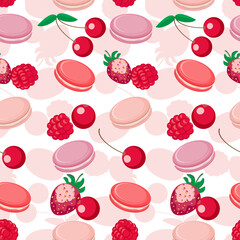 Vector seamless pattern with colorful macaroon cookies snack biscuits and fruits