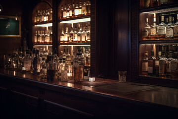 Fototapeta na wymiar Bar interior at night. Alcohol bottles and drink glasses on wall shelves and bar bench, Generative AI