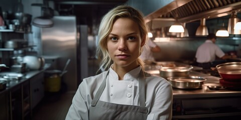 Sensual female chef in a restaurant kitchen, exuding passion and skill with a slight smile. Her culinary creations are a feast for the senses. Generative AI