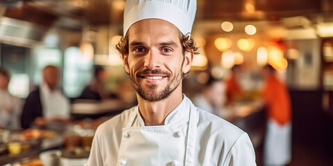 A smiling male chef in a restaurant kitchen. His expertise and passion shine through as he prepares delicious dishes with precision and creativity. Generative AI