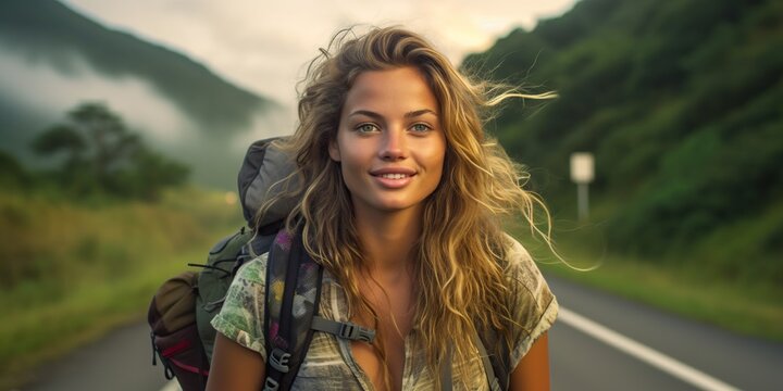 beautiful girl who enjoys backpacking and hitchhiking during her travels. Generative AI
