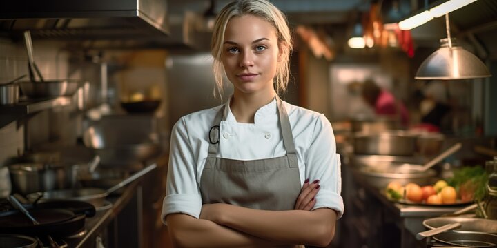 Sensual female chef in a restaurant kitchen, exuding passion and skill with a slight smile. Her culinary creations are a feast for the senses. Generative AI