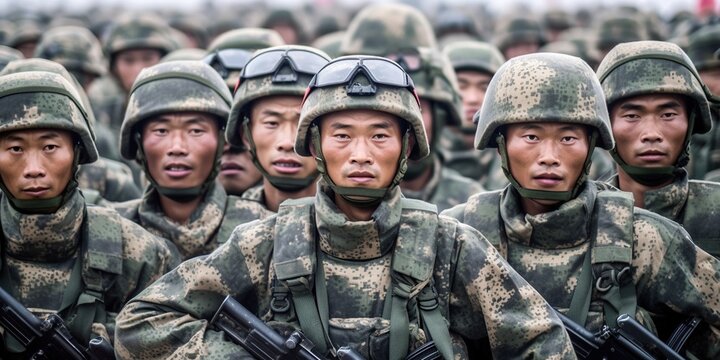 Group Of Chinese Soldiers Are Seen Marching In Formation, With Stoic Expressions On Their Faces. Generative AI