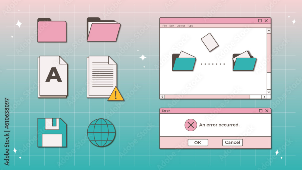 Poster 8 pink and blue ui elements. old retro pc screen in the y2k style. retro wave and vaporwave elements
