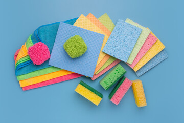 Various items for cleaning. Microfiber cloths, washcloths, scrapers, sponges