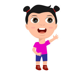 little girl boy rejoice hello welcome goodbye raise hands greet education kindergarten primary school concept