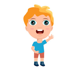 little girl boy rejoice hello welcome goodbye raise hands greet education kindergarten primary school concept