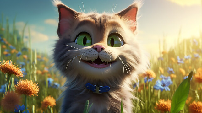 Cute happy cat in the grass (Generative AI)