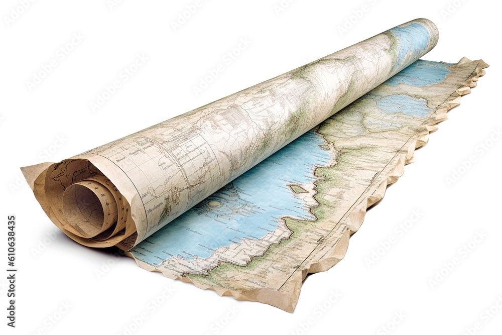 Poster paper map isolated on white background. Generated by AI.