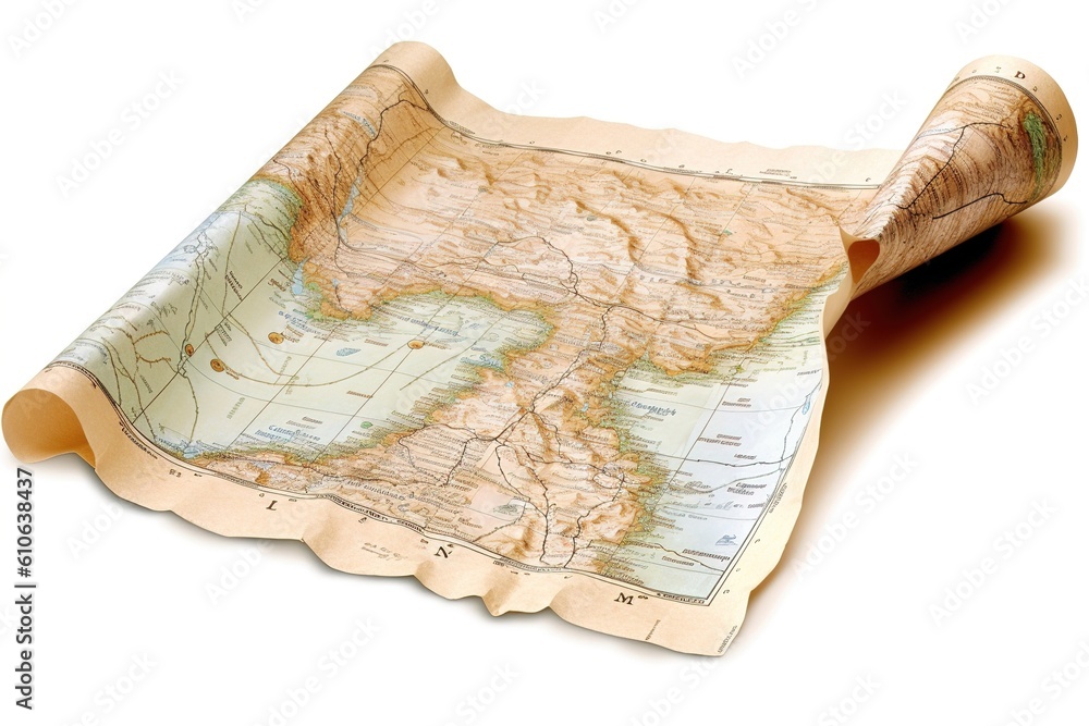 Poster paper map isolated on white background. Generated by AI.