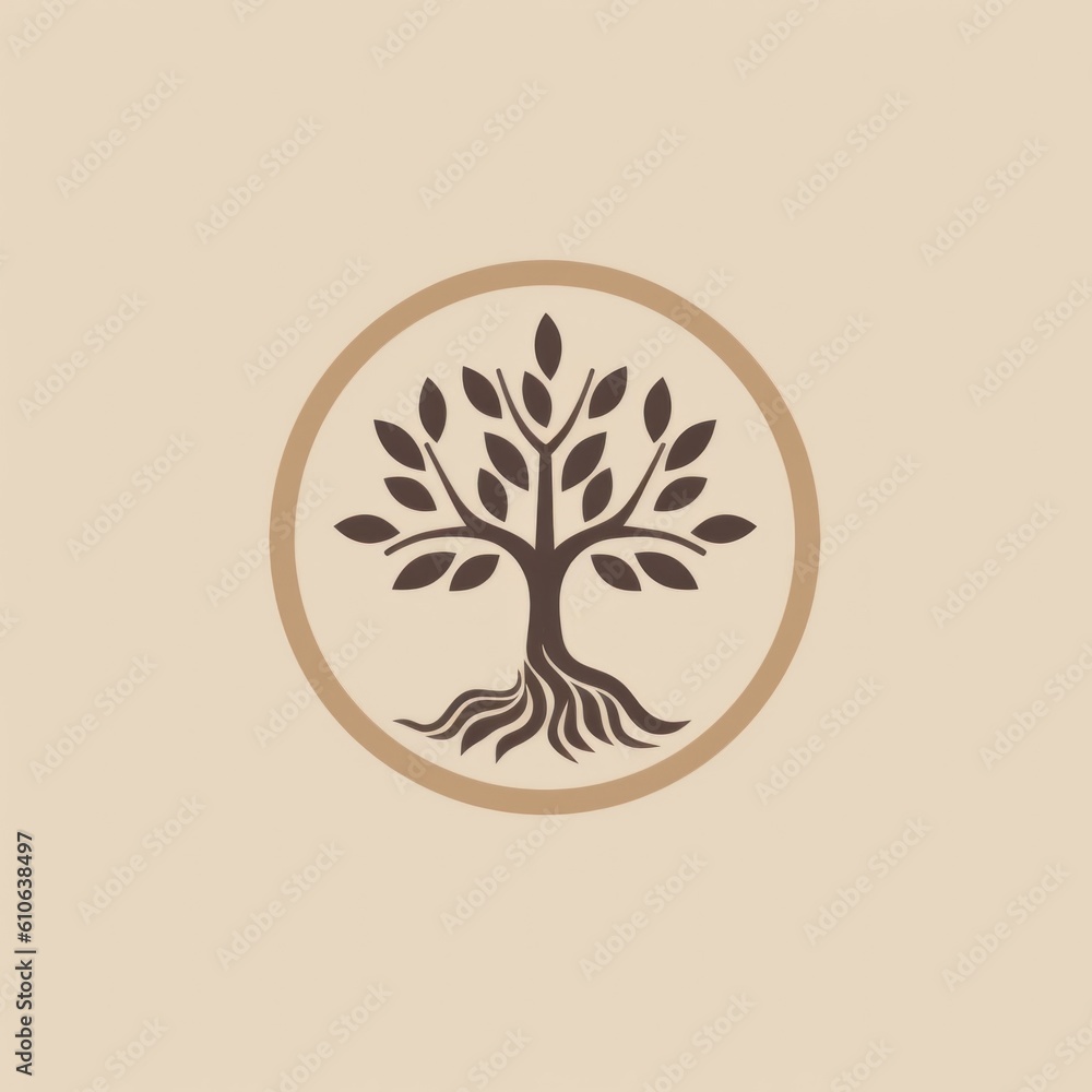 Poster a tree with roots in a circle on a beige background. generative ai image.
