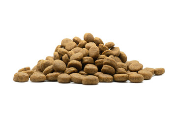 Dry pet food isolated on white background. Food for cats and dogs pattern. Heap of granulated animal feeds. Granules of good nutrition for dogs and cats isolated