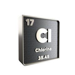 Chlorine chemical element  black and metal  icon  with  atomic mass and atomic number. 3d render illustration.