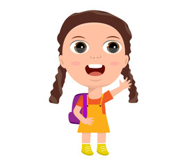 little girl boy schoolboy schoolgirl backpacker rejoices laughing greetings hello goodbye sign education primary school kindergarten concept