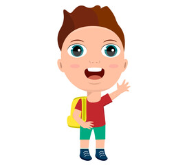 little girl boy schoolboy schoolgirl backpacker rejoices laughing greetings hello goodbye sign education primary school kindergarten concept