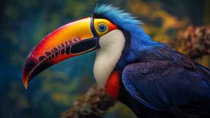 A beautiful exotic toucan bird with a large keeled beak, Ramphastos sulfuratus - obrazy, fototapety, plakaty