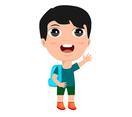 little girl boy schoolboy schoolgirl backpacker rejoices laughing greetings hello goodbye sign education primary school kindergarten concept