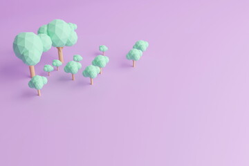 3D rendering of a group of trees in a row on a purple background