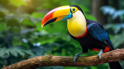 A beautiful exotic toucan bird with a large keeled beak, Ramphastos sulfuratus