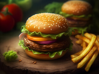 Hamburger Popular American Fast Food. Hamburger is a Popular Fast Food with French Fries. Juicy Hamburger and Crispy French Fries, Served on a Rustic Wood Plate. | Generative AI