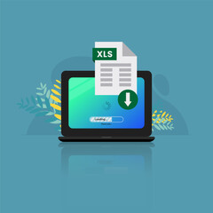 Download spreadsheet format file on laptop screen. Downloading file with XLS label concept vector illustration
