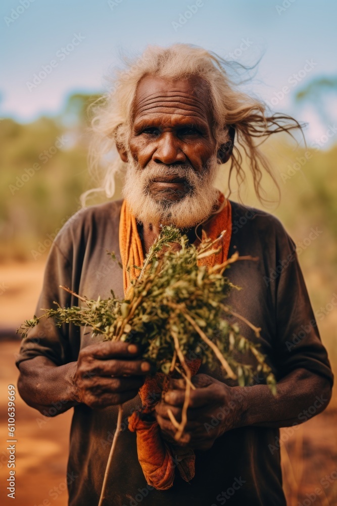 Poster a man with a beard holding a bunch of grass. generative ai image.