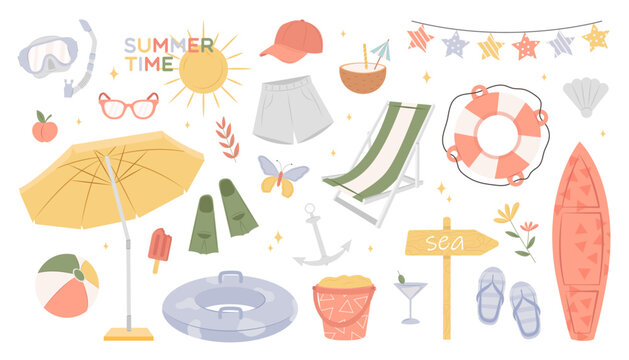 Collection of summer beach elements. Summer leisure activity. Cute travel set for the beach. Collection of scrapbooking elements for beach party. Tropical vacation. Cartoon vector stock illustration.