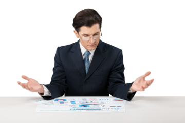 Young businessman sitting at desk and looking in chart