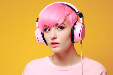  young girl pink hair Listen music with headphones on  background,Generative AI