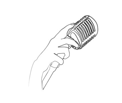 recommend clip art: Continuous line drawing of hand holding vintage microphone. microphone simple line art with active stroke.  Vocalist, podcast, broadcast and music concept.