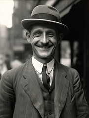 A man poses and smiles happily for the camera in the 1920's