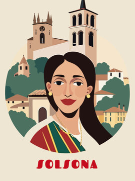 Solsona: Beautiful vintage-styled poster with a woman and the name Solsona in Catalonia