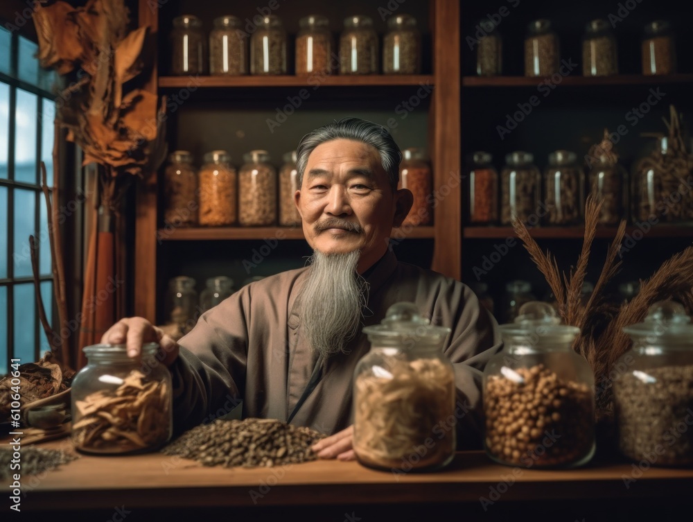 Poster a man sitting at a table with jars of food. generative ai image.