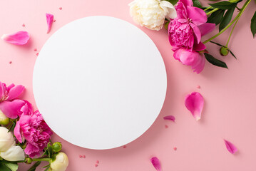 Fototapeta na wymiar Beautiful peonies concept. Top view photo of white empty circle surrounded by bright pink and white peony flowers,petals and buds with confetti hearts on isolated pastel pink background with copyspace