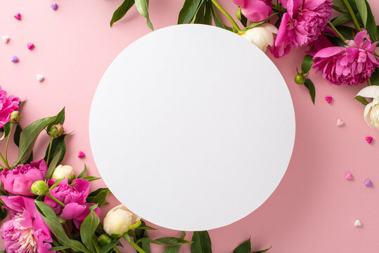Beautiful bouquet concept. Top view photo of white empty circle with bright pink and white peony flowers, petals and buds with confetti hearts on isolated pastel pink background with copy-space