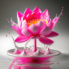 Water splashing with simple pink lotus and bright colors, lush wild meadow flowers design.