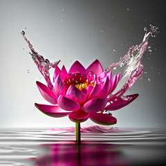 Water splashing with simple pink lotus and bright colors, lush wild meadow flowers design.