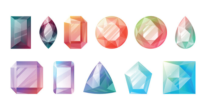 Set of multicolored diverse realistic faceted shining gems. Collection of vector isolated expensive precious jewelry.