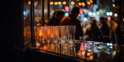 Bar interior at night. Silhouettes of people drinking and having fun. Generative AI