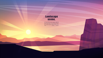 Fototapeta premium Vector illustration. Minimalist polygonal design. Nature landscape background. Panoramic view. Design element for web banner, website template. Cartoon flat style. Forest trees by water. Evening scene